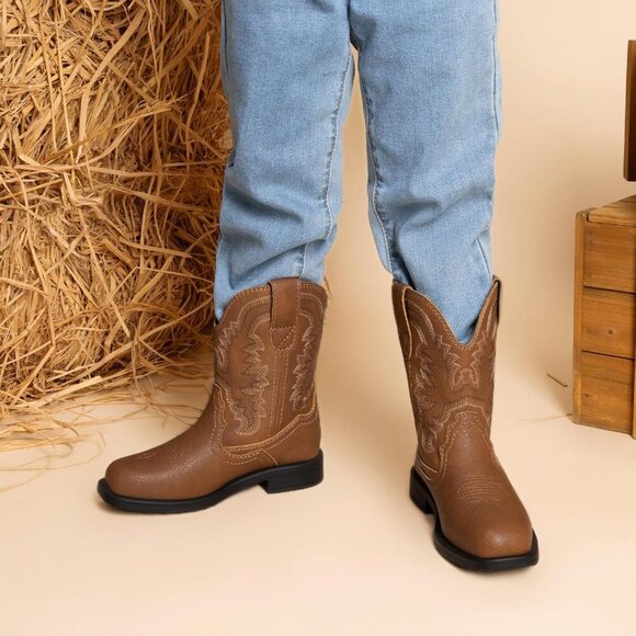 🆕 Men Brown Western Cowboy Boots Toddler Square Toe Riding Mid Calf Shoes - Picture 6 of 7